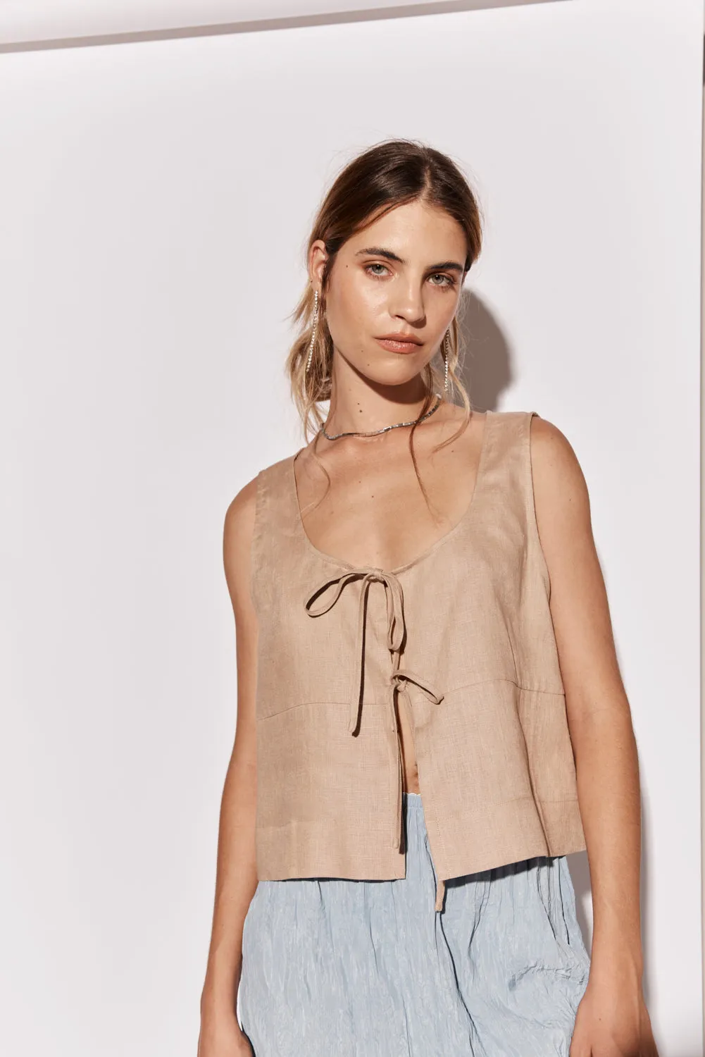 Nessa Linen Smock Top Beige sold by Verge Girl