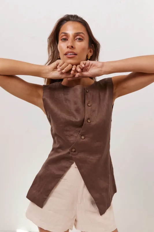 Aria Linen Vest Chocolate sold by Verge Girl