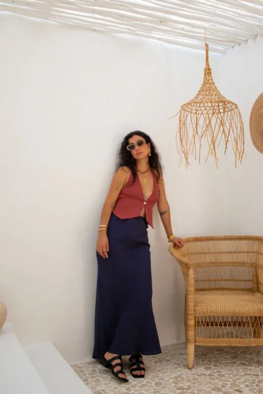 VRG GRL Italian Streets Linen Bias Cut Maxi Skirt // Navy sold by Verge Girl