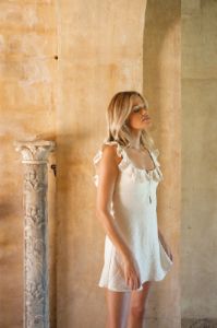 VRG GRL Art & Monuments Bias Cut Mini Dress // Natural sold by Verge Girl