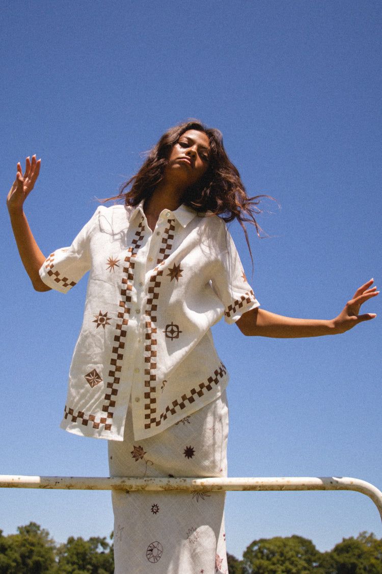 Mediterranean Blue Linen Button Front Shirt Brown sold by Verge Girl product image thumbnail 2