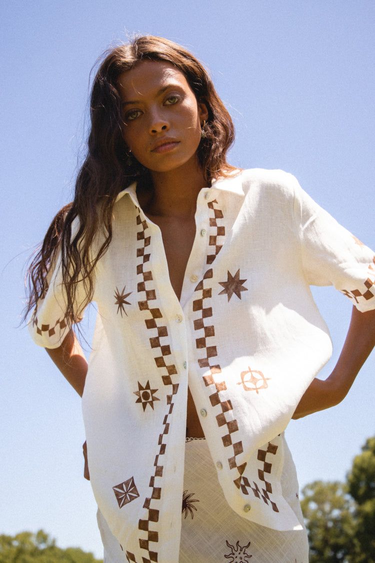 Mediterranean Blue Linen Button Front Shirt Brown sold by Verge Girl