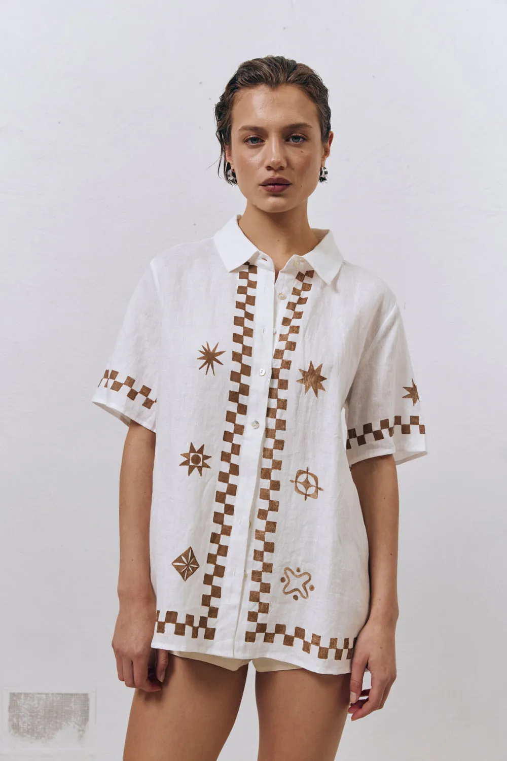 Mediterranean Blue Linen Shirt Brown sold by Verge Girl