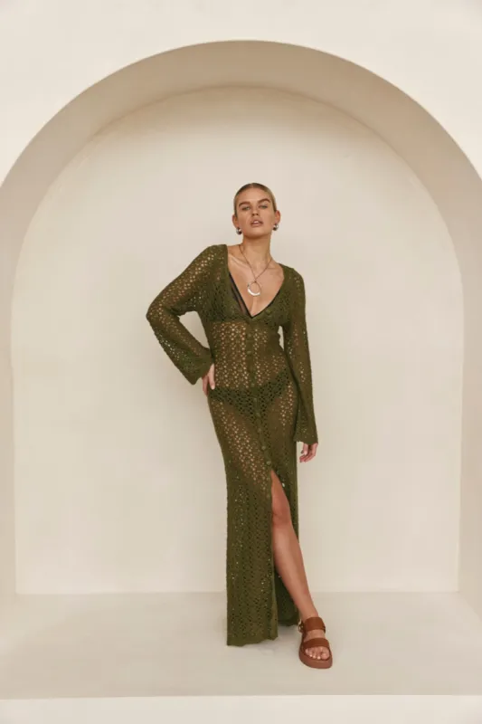 Beach To Bar Knit Maxi Dress Olive sold by Verge Girl