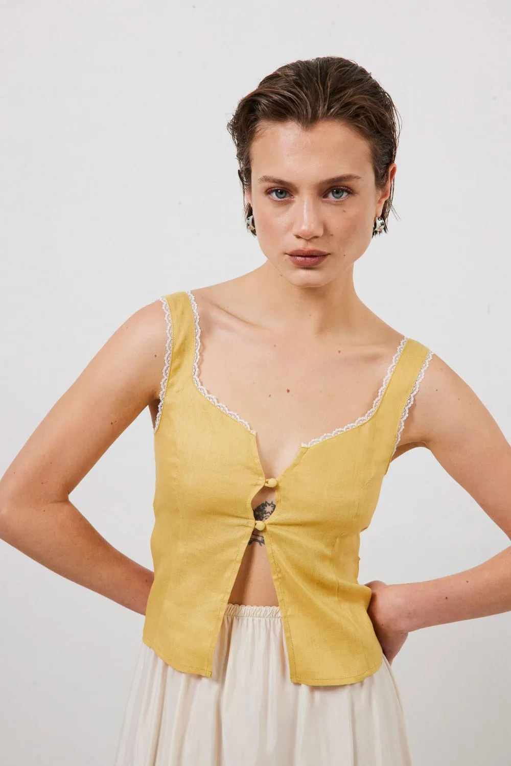 Love Language Linen Button Front Top Yellow sold by Verge Girl