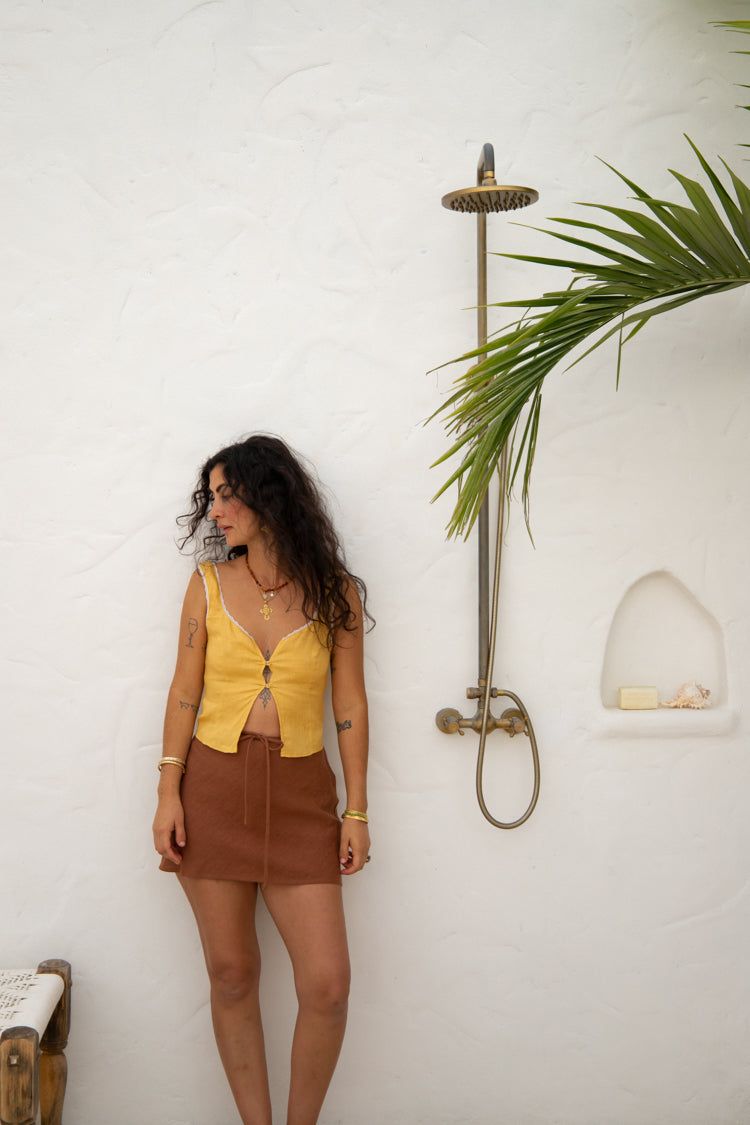 VRG GRL Love Language Linen Button Front Top // Yellow sold by Verge Girl