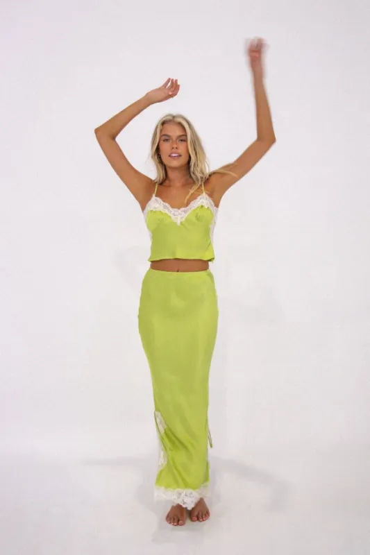 VRG GRL At The Afterparty Bias Cut Midi Skirt // Lime sold by Verge Girl