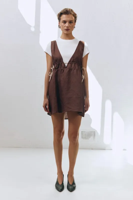 Paros Palms Linen Mini Dress Chocolate made by Verge Girl