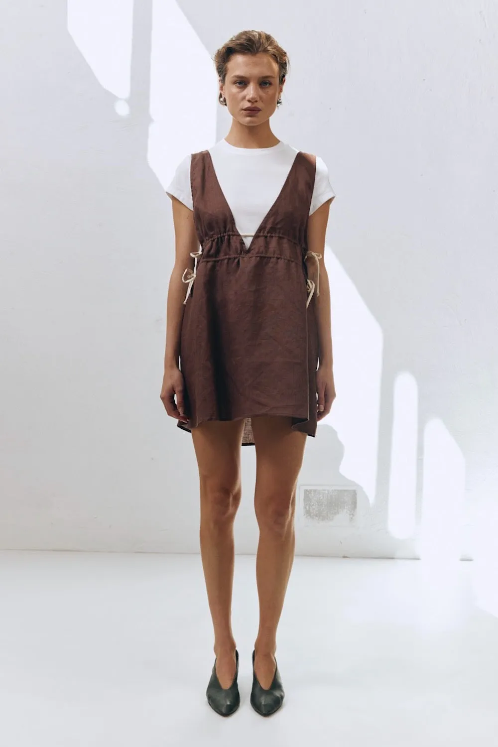 Paros Palms Linen Mini Dress Chocolate sold by Verge Girl
