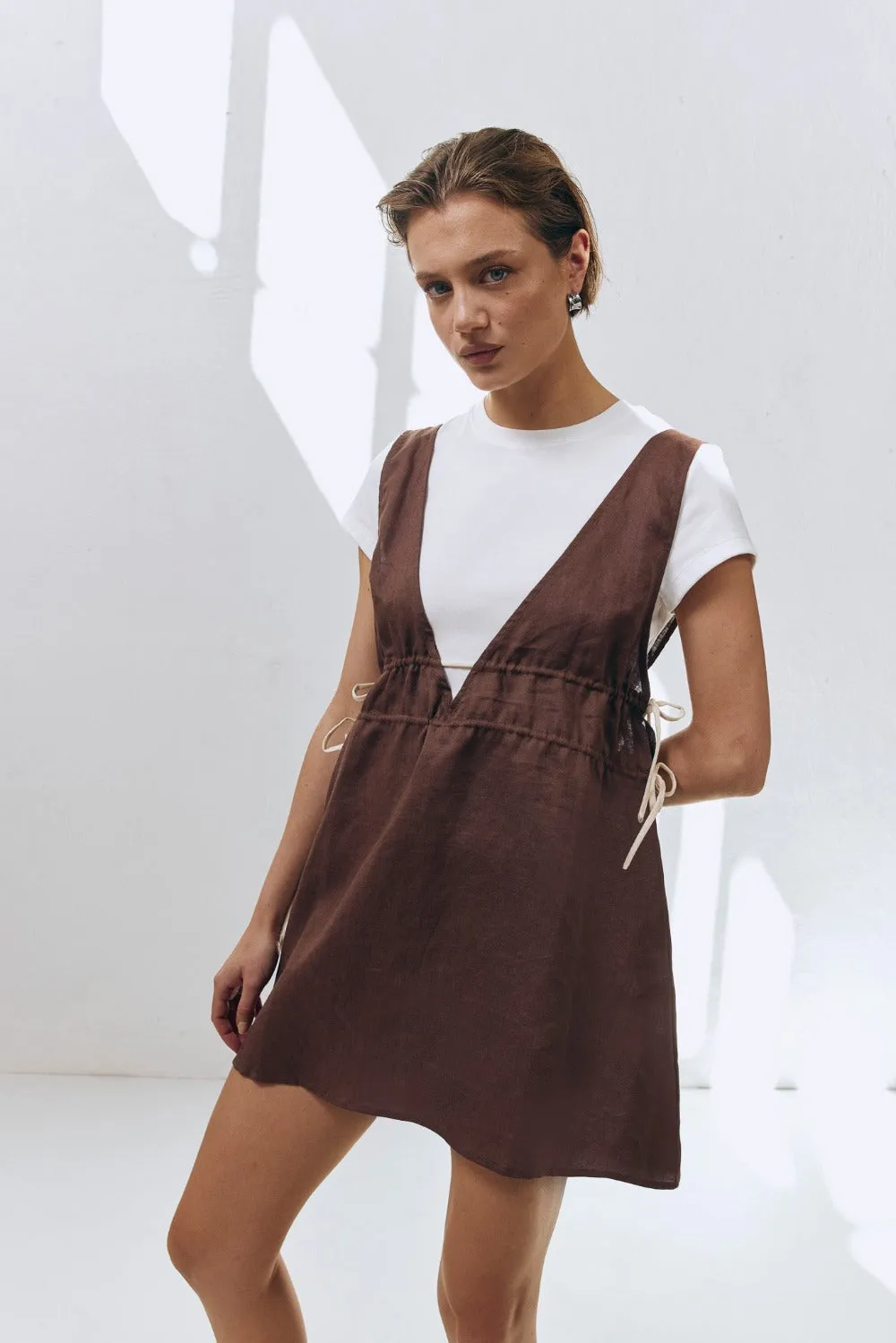 Paros Palms Linen Mini Dress Chocolate sold by Verge Girl product image thumbnail 3