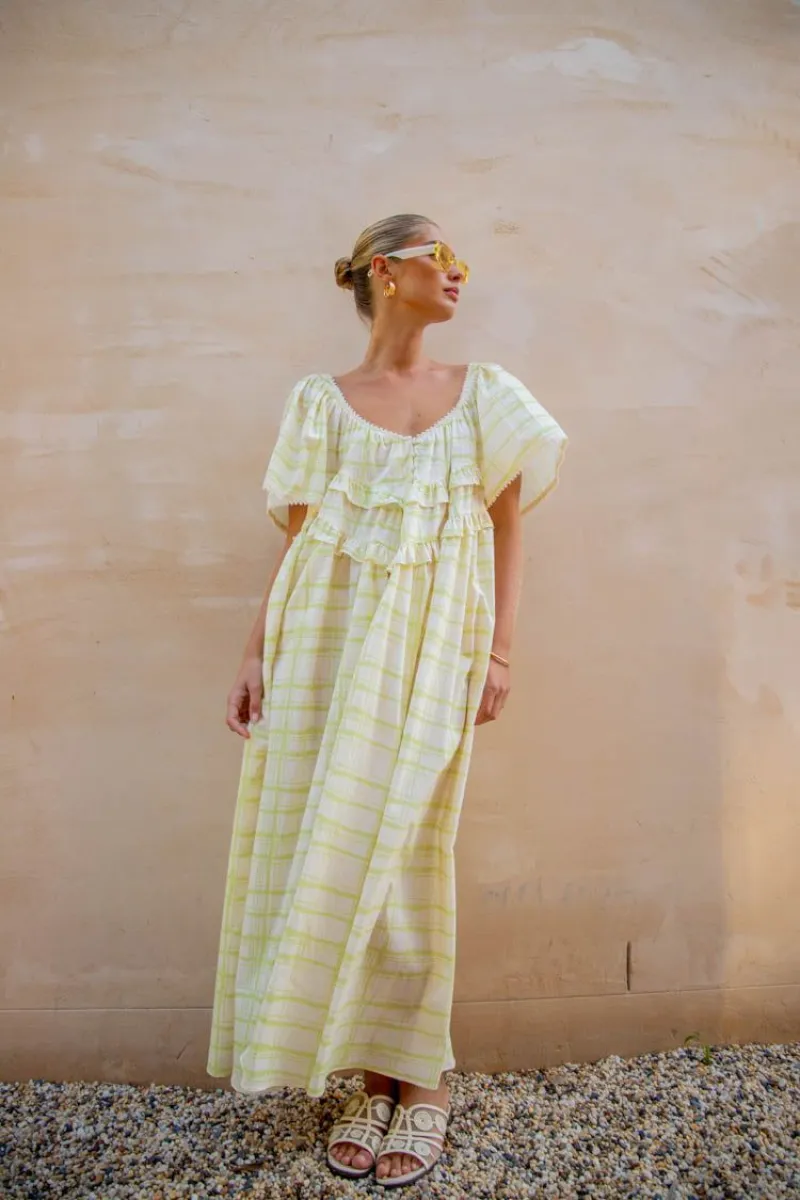 la prairie smock midi dress check Vrg Grl La Prairie Check Print Midi Smock Dress in Natural