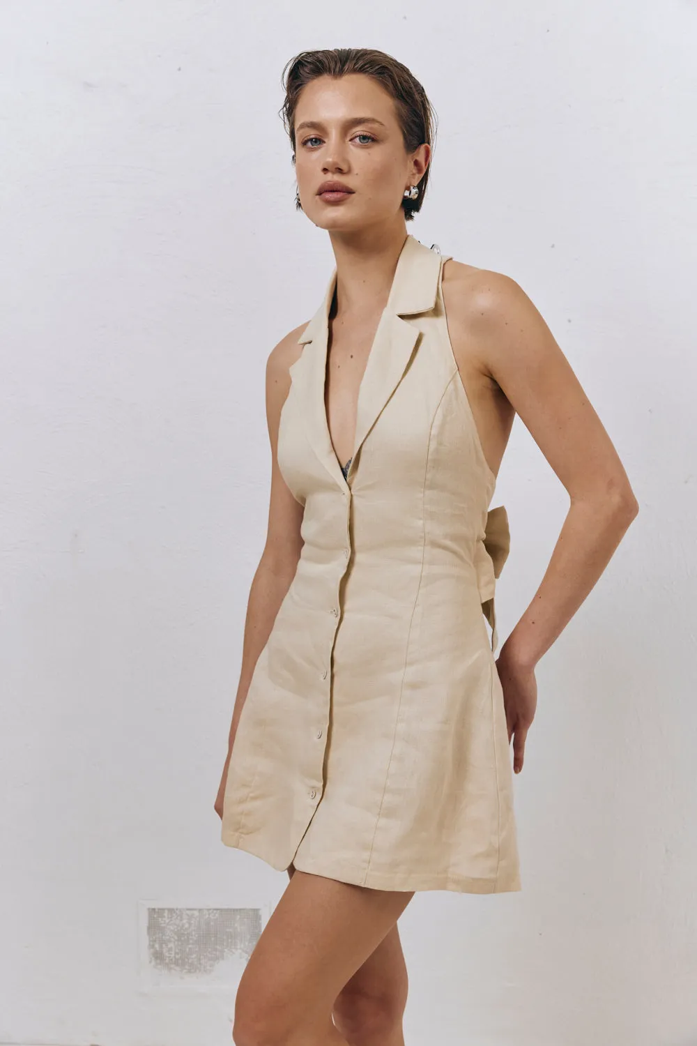 Olive Linen Mini Dress Natural sold by Verge Girl