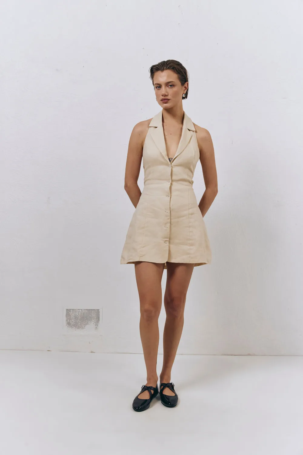 Olive Linen Mini Dress Natural sold by Verge Girl product image thumbnail 3