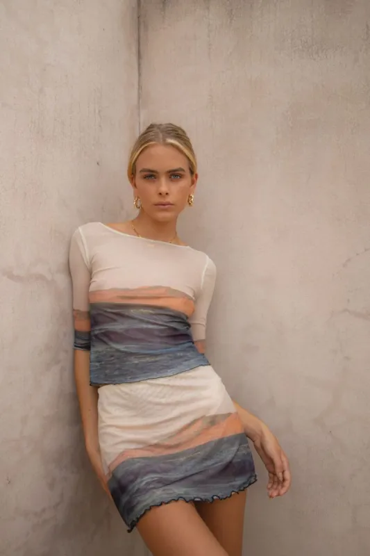 Travel Archives Mesh Mini Skirt Beige sold by Verge Girl