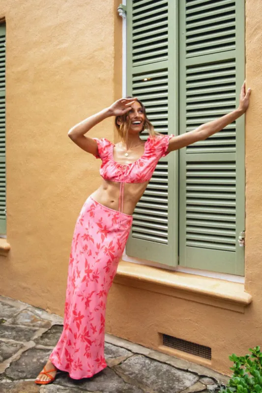 Flores Bias Cut Maxi Skirt Fuchsia sold by Verge Girl