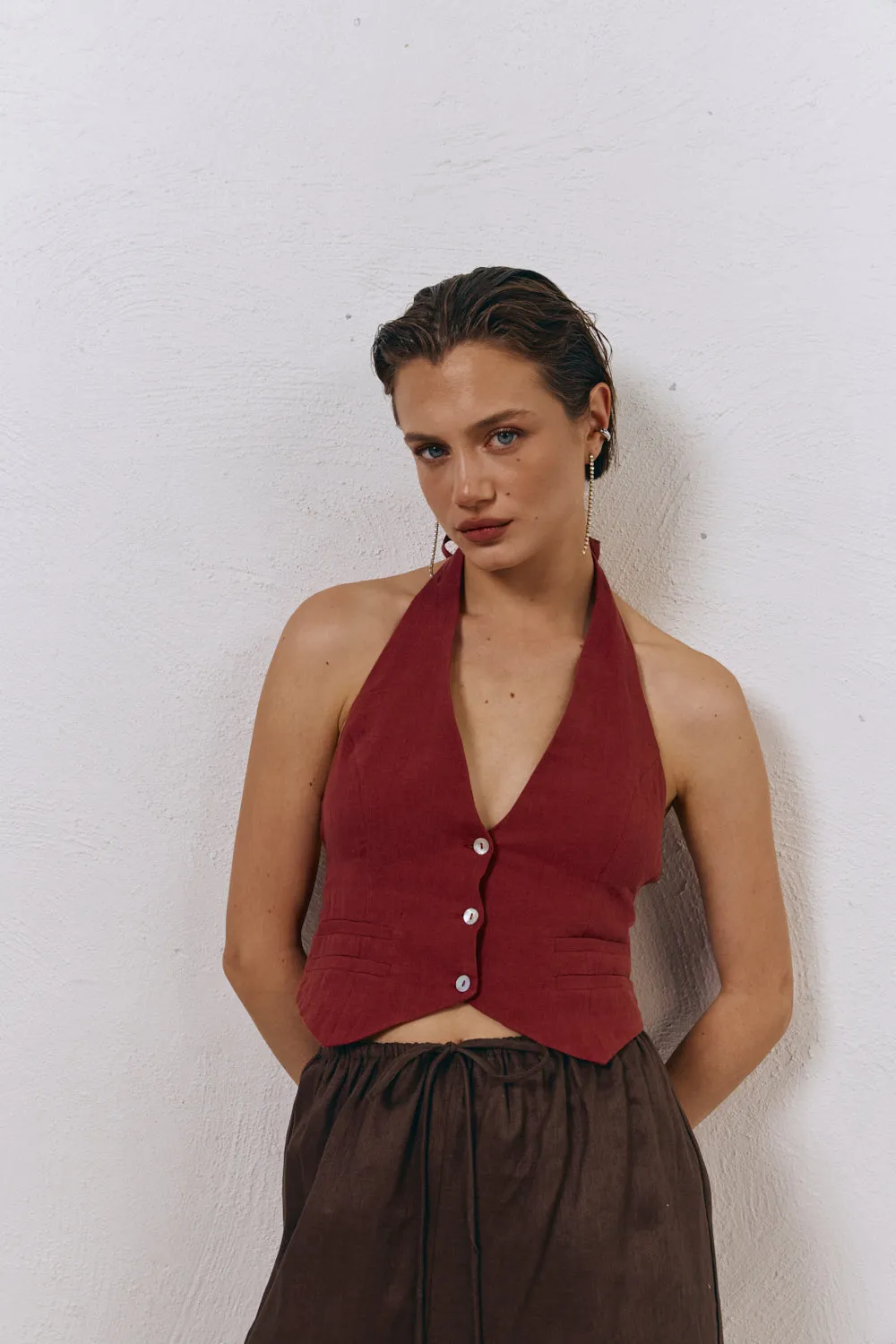 Los Cabos Linen Vest Wine sold by Verge Girl product image thumbnail 4