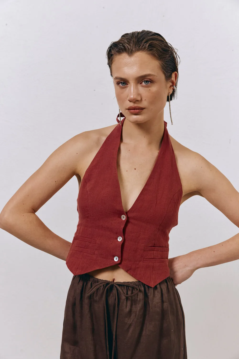 Los Cabos Linen Vest Wine sold by Verge Girl