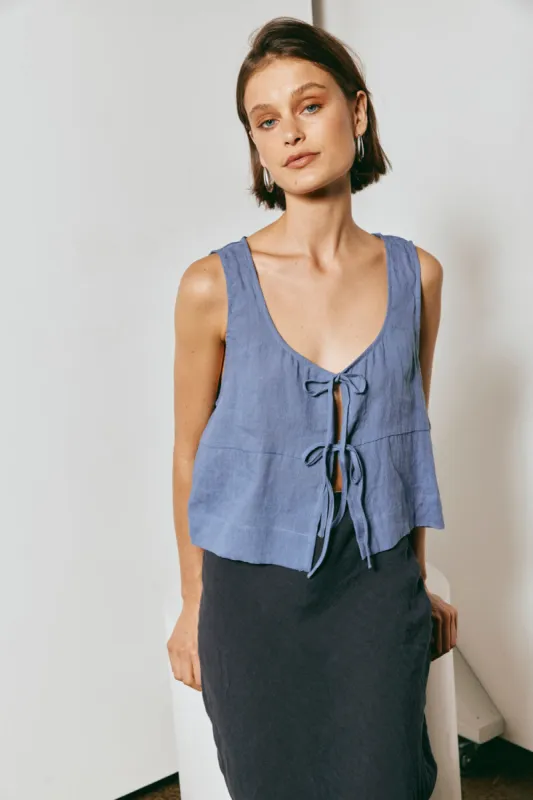 Nessa Linen Smock Top Navy sold by Verge Girl