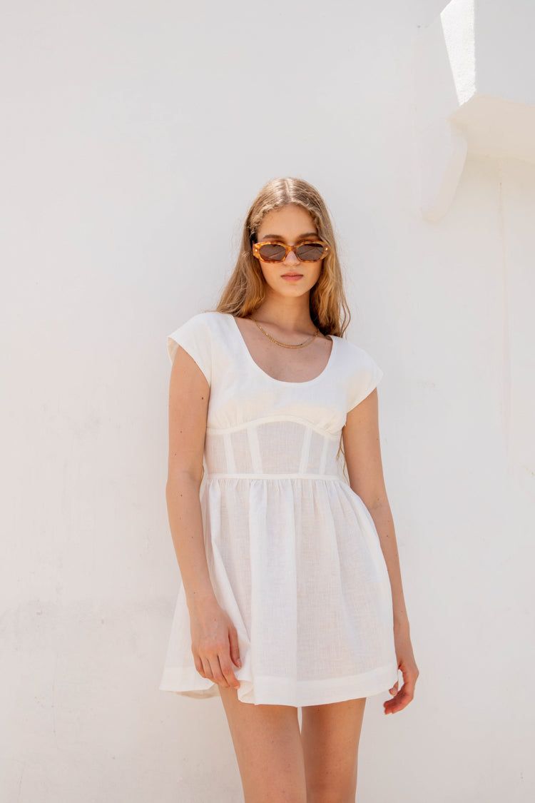 Camille Linen Mini Dress White sold by Verge Girl