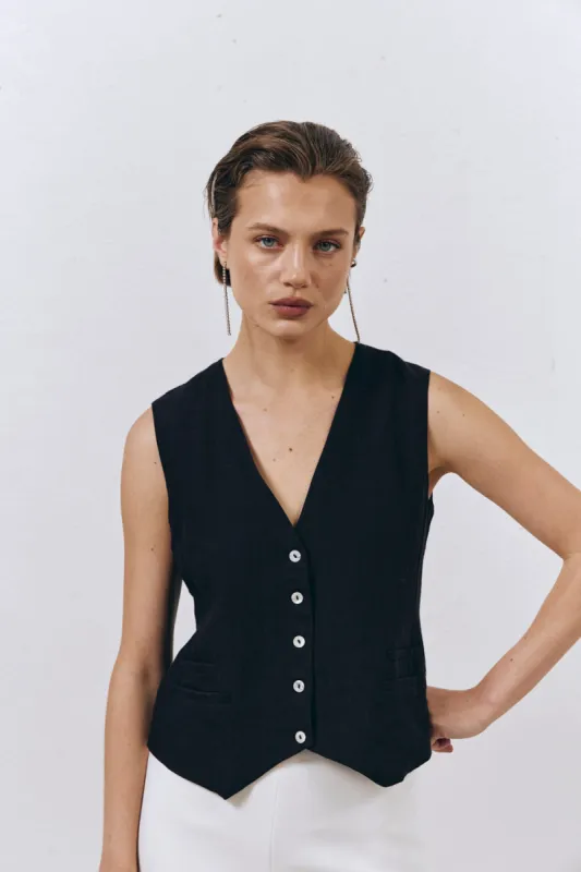 Italian Streets Linen Vest Black sold by Verge Girl