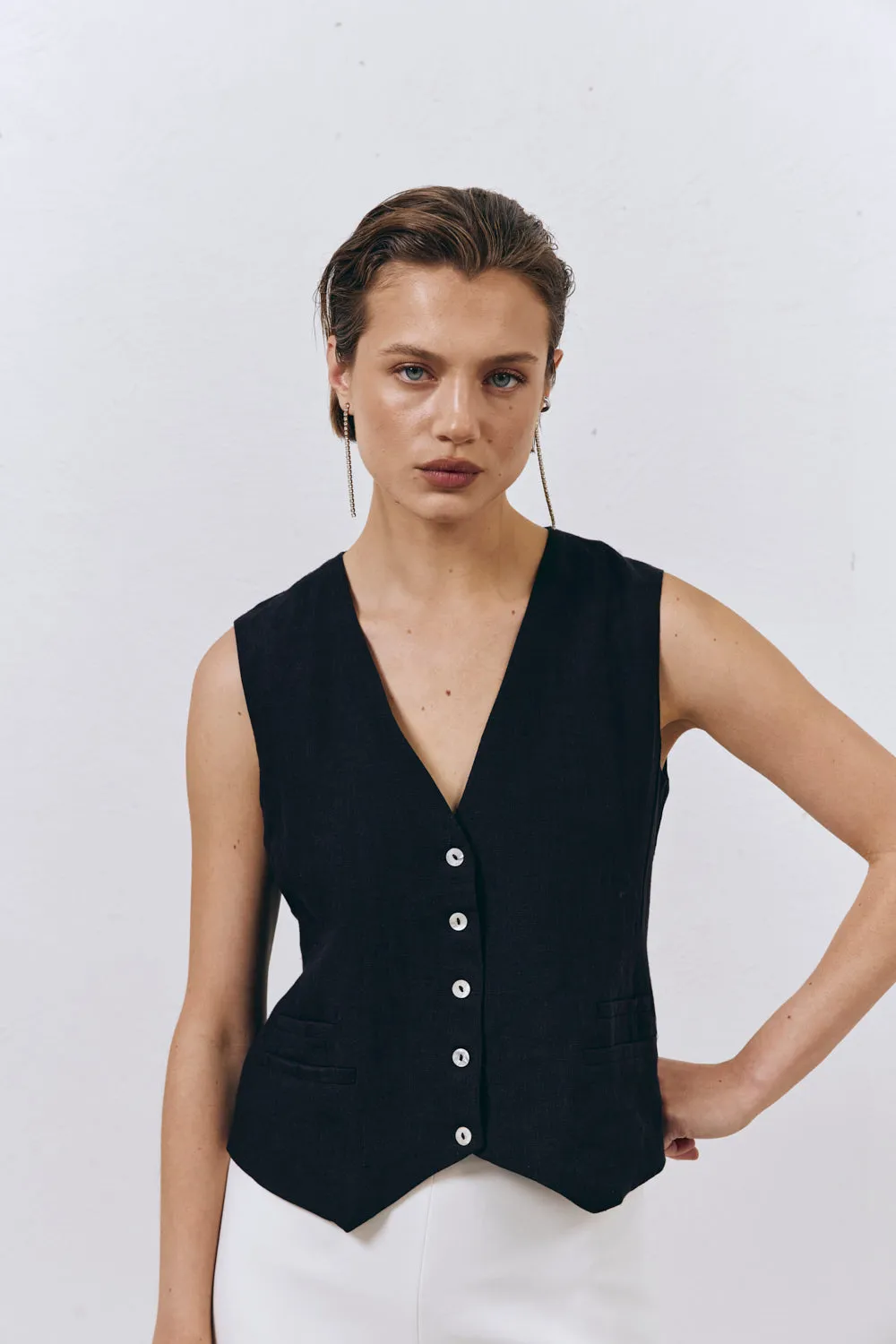 Italian Streets Linen Vest Black sold by Verge Girl