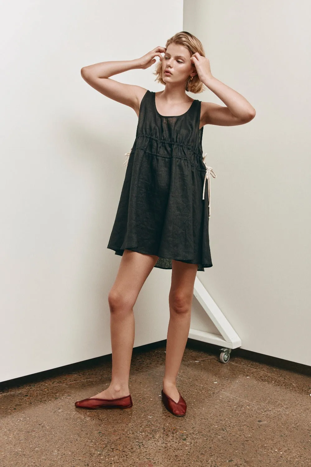 Adina Linen Mini Dress Black sold by Verge Girl