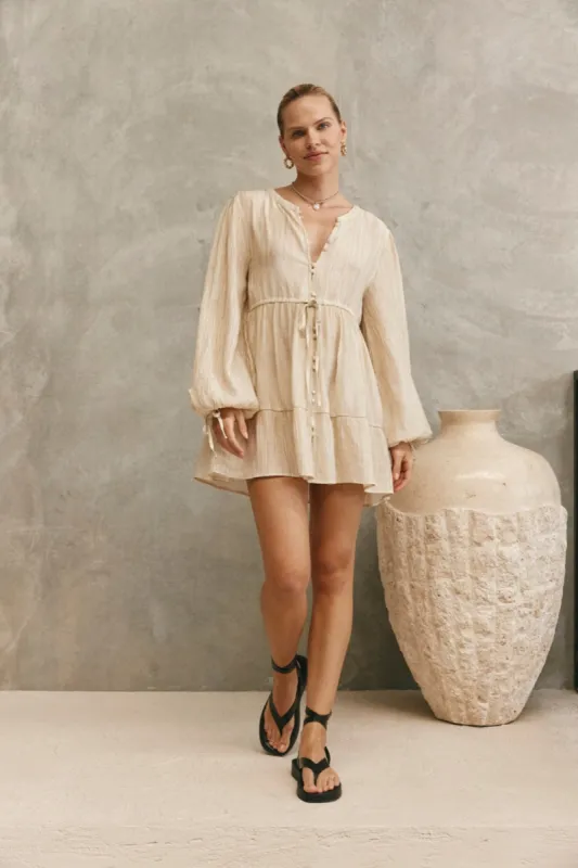 Dreaming Of Travel Mini Dress Natural sold by Verge Girl