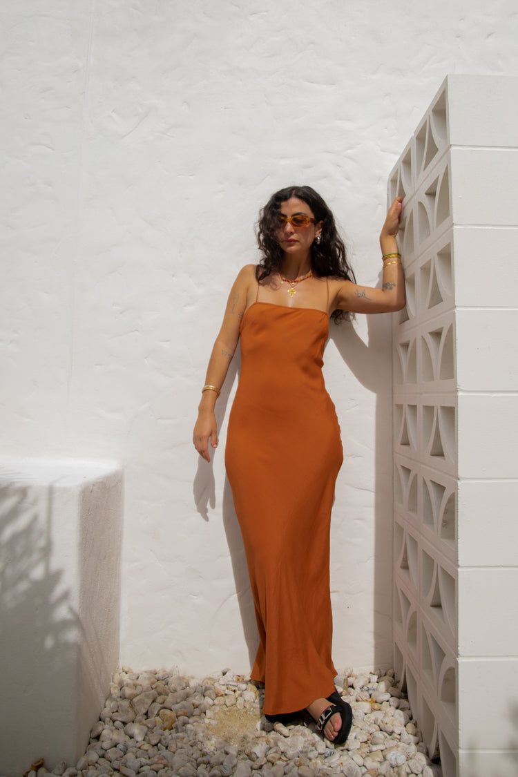 VRG GRL Good Intentions Bias Cut Maxi Dress // Rust sold by Verge Girl