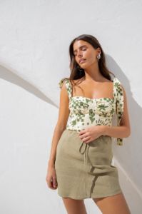 The Way To San Jose Bias Cut Linen Mini Skirt Sage sold by Verge Girl