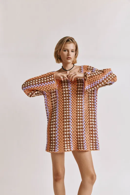 Myra Crochet Mini Dress Apricot sold by Verge Girl