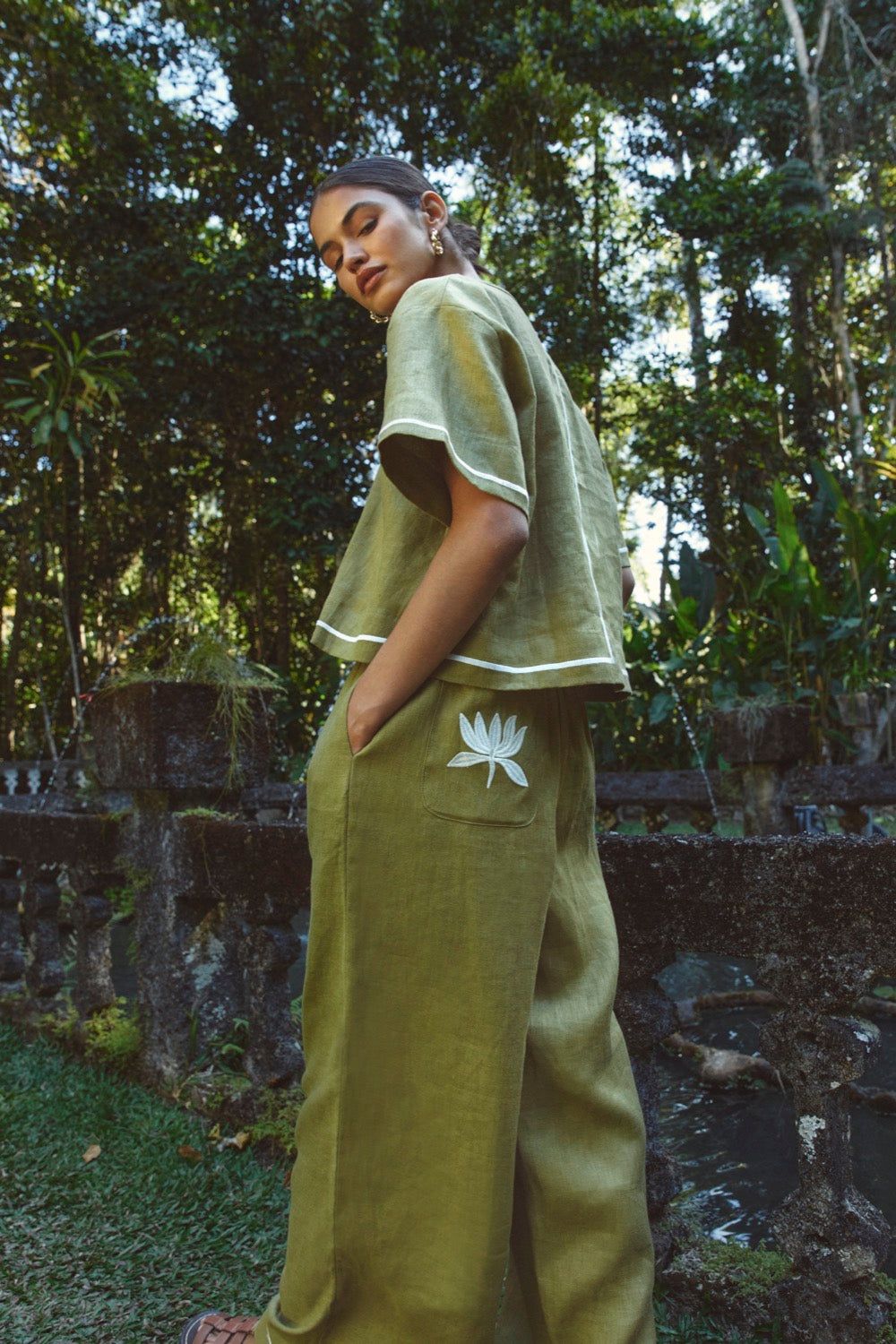 Byzance Linen Smock Top Sage sold by Verge Girl