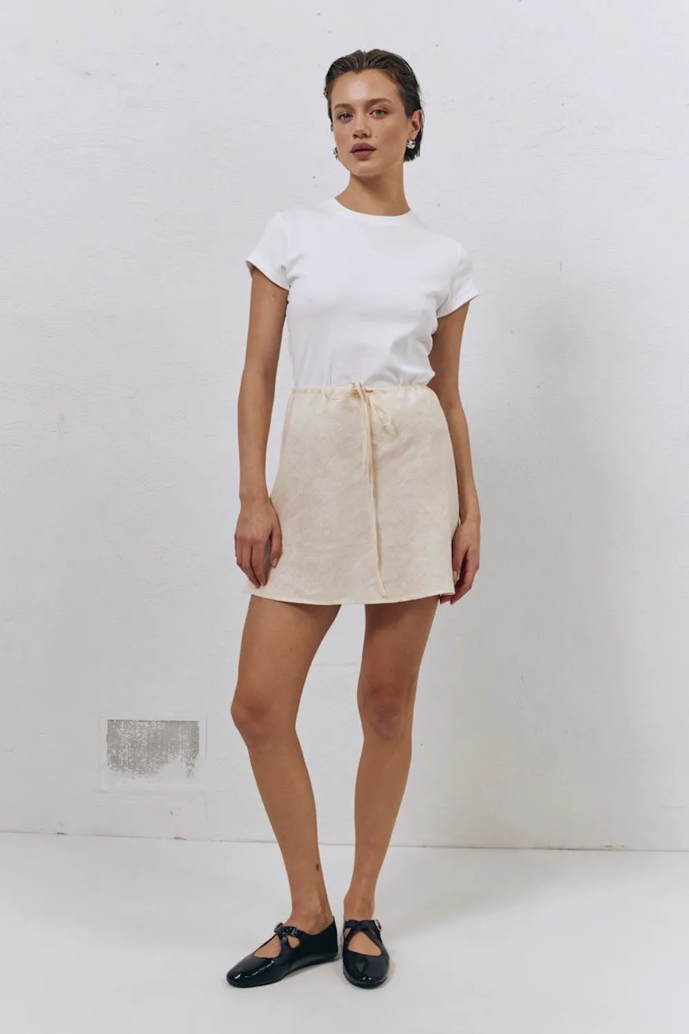 The Way To San Jose Bias Cut Linen Mini Skirt Cream sold by Verge Girl
