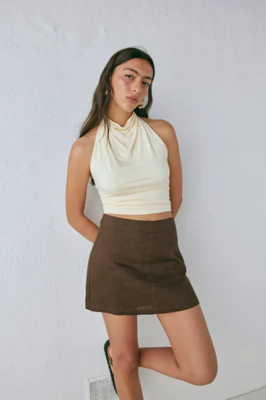 Blanco Linen Mini Skirt Chocolate sold by Verge Girl