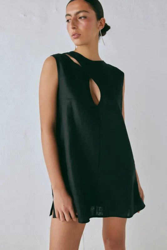 Yuri Linen Mini Dress Black sold by Verge Girl