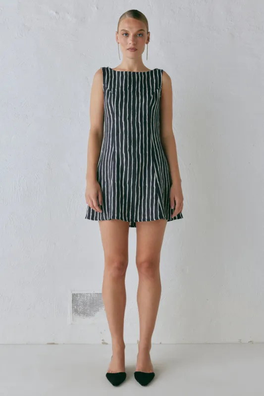 Chloe Linen Mini Dress Black Stripe sold by Verge Girl