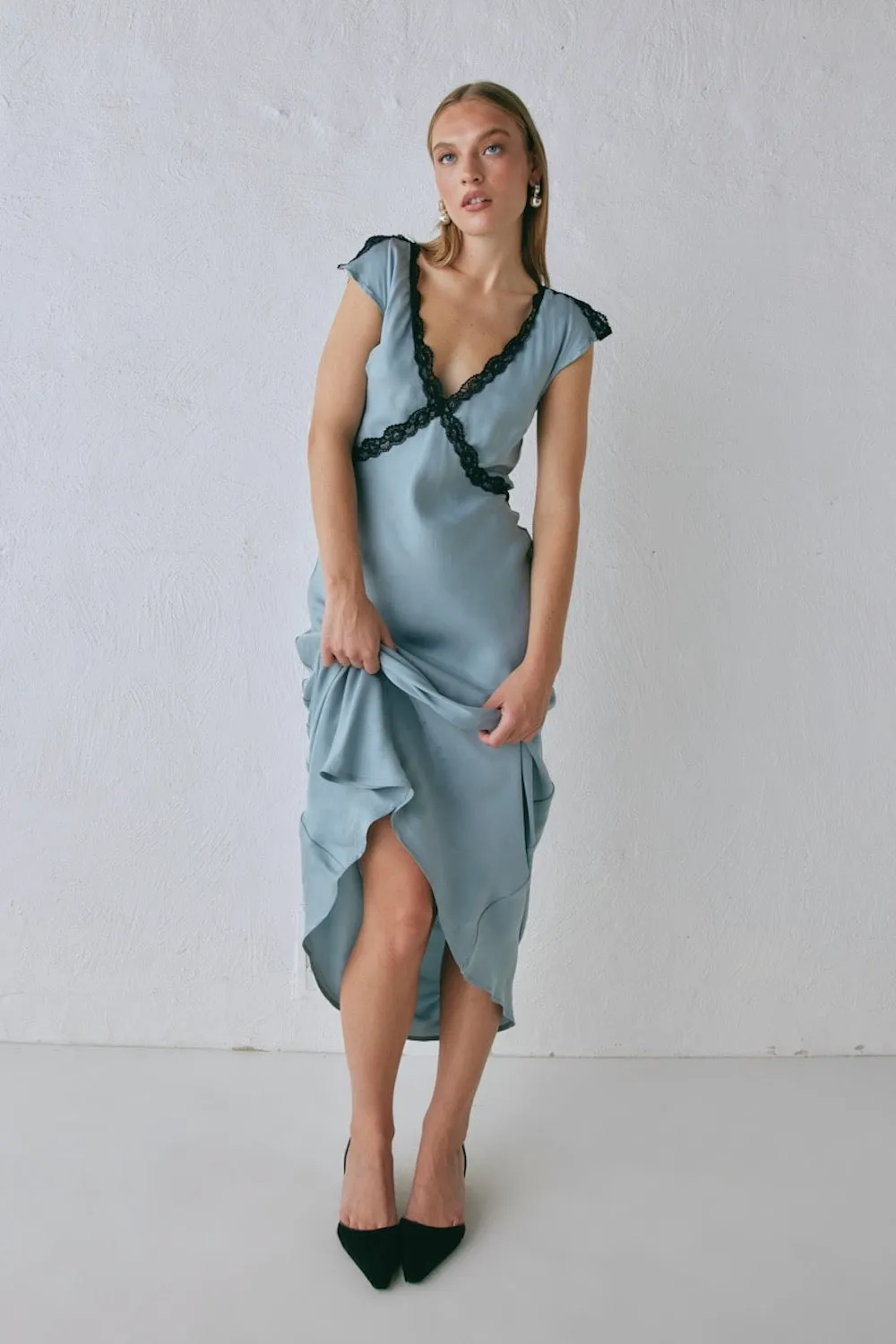 The Ivy Bias Cut Maxi Dress Steel sold by Verge Girl