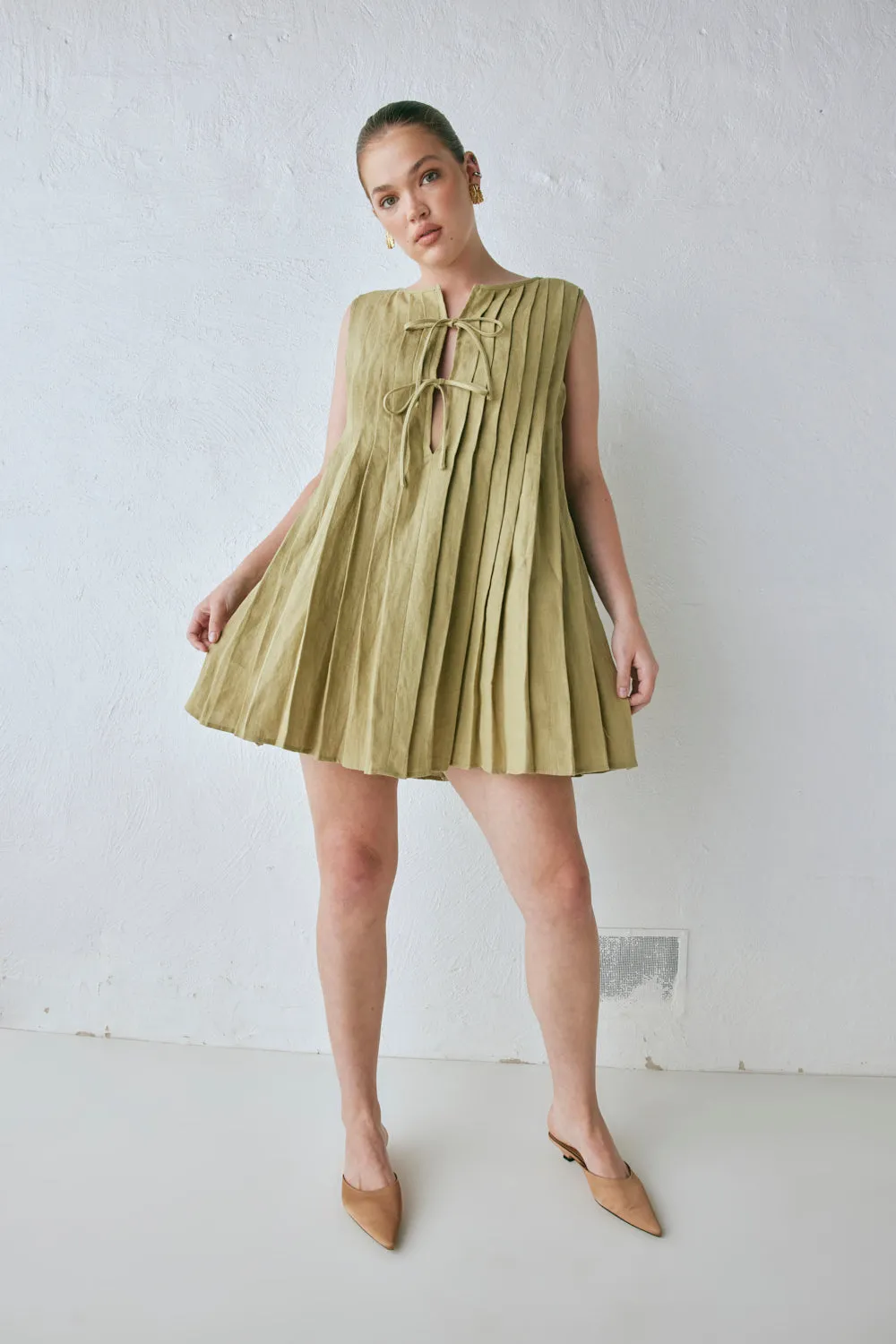 Valeria Linen Mini Dress Olive sold by Verge Girl
