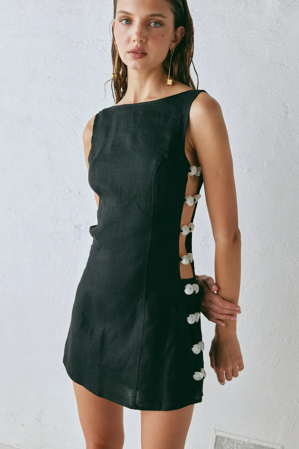 Tia Linen Mini Dress Black sold by Verge Girl