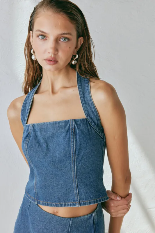 Tatiana Denim Halter Top - Medium Wash | Parallel