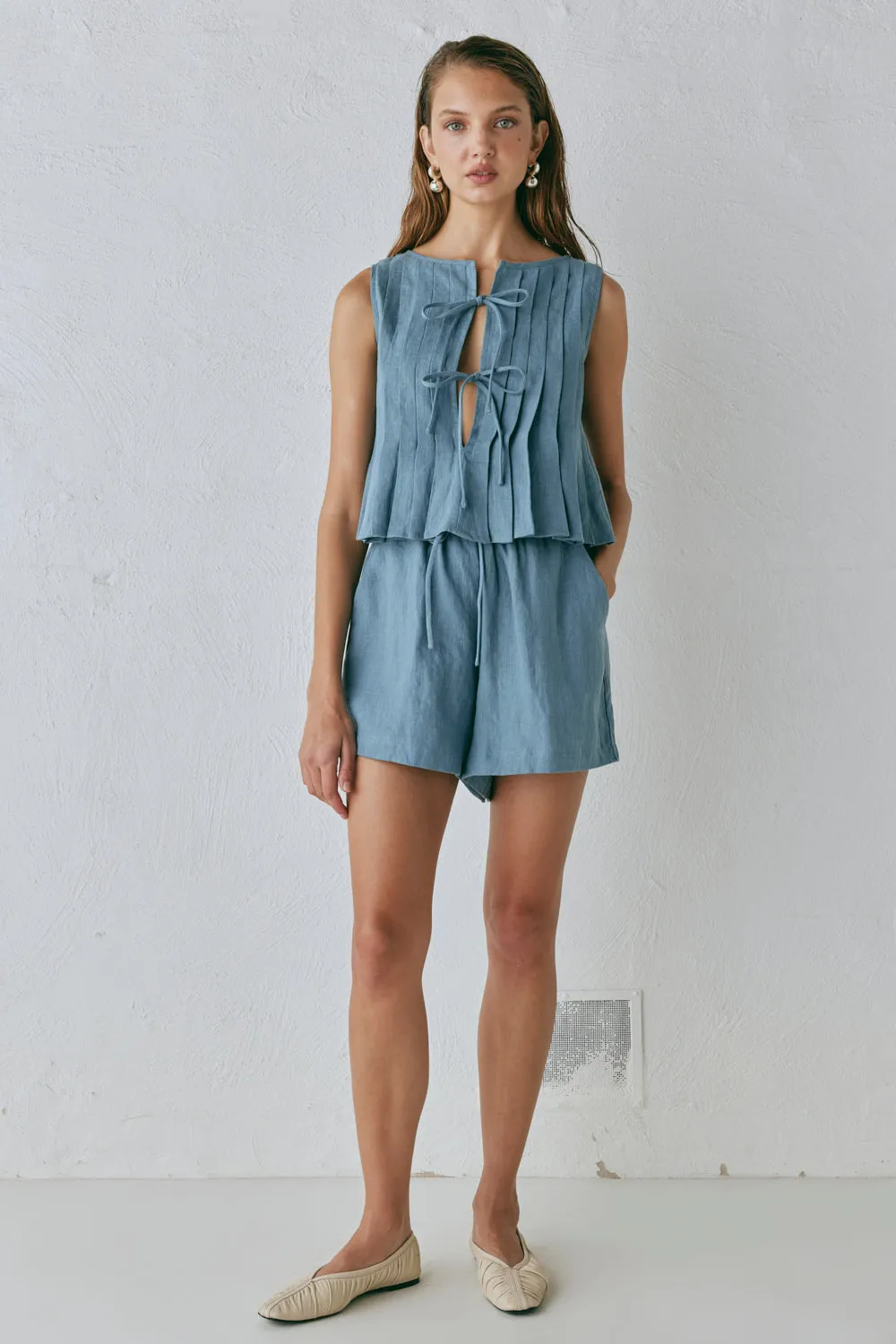 Annika Linen Shorts Lake sold by Verge Girl