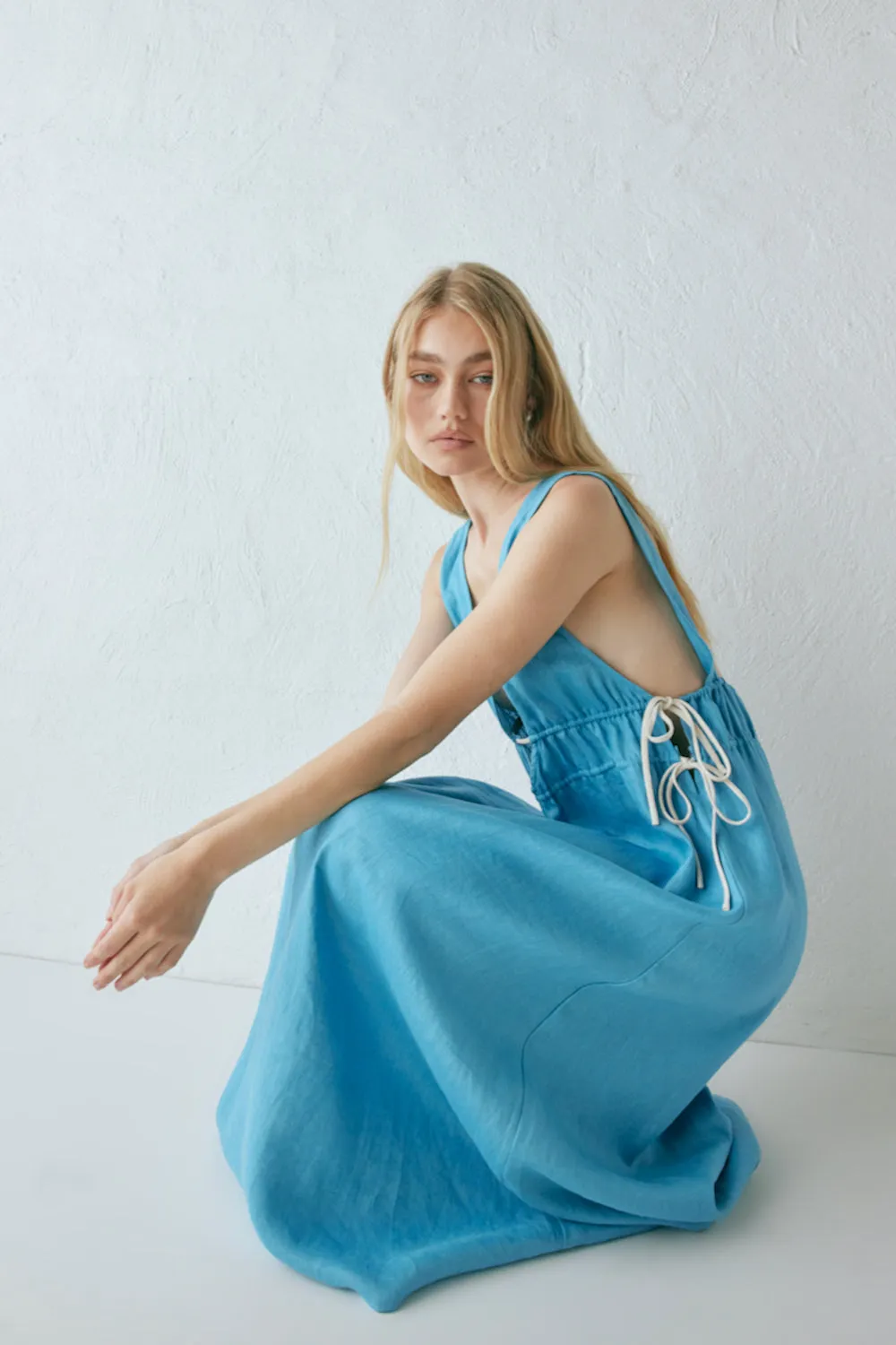 Paros Palms Linen Midi Dress Sea sold by Verge Girl