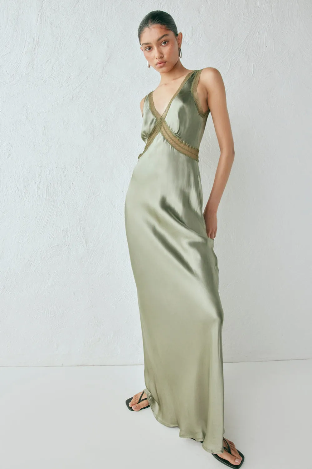 Meet Me On The Dance Floor Bias Cut Maxi Dress Olive sold by Verge Girl product image thumbnail 4
