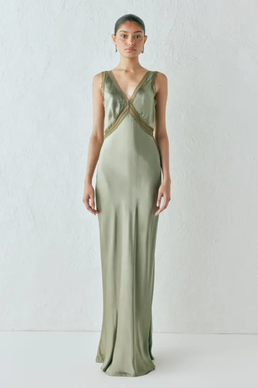 Meet Me On The Dance Floor Bias Cut Maxi Dress Olive made by Verge Girl