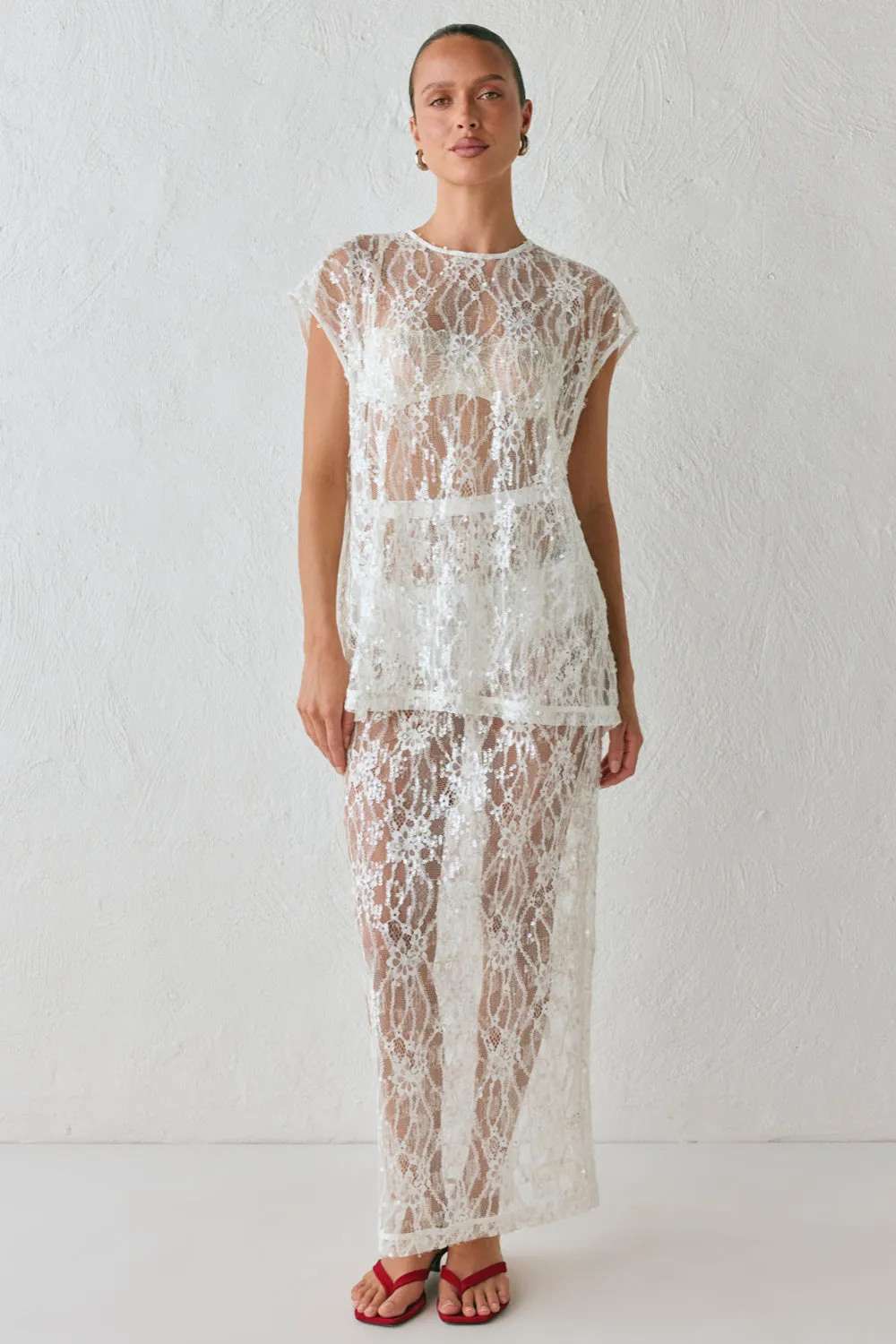 Devyn Sequin Midi Skirt White sold by Verge Girl