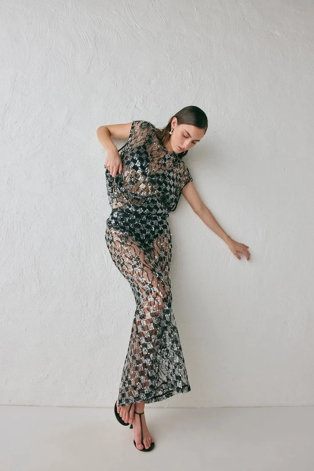 Devyn Sequin Midi Skirt Black sold by Verge Girl