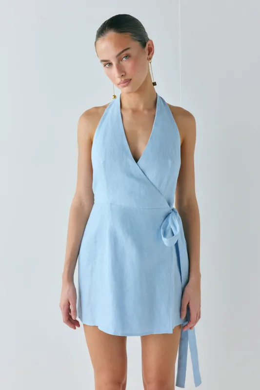 Lo Linen Mini Dress Sky sold by Verge Girl
