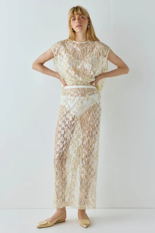 Devyn Sequin Midi Skirt Apricot sold by Verge Girl