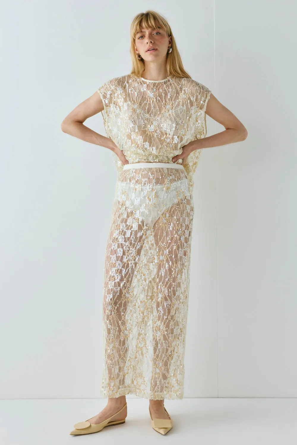 Devyn Sequin Midi Skirt Apricot sold by Verge Girl