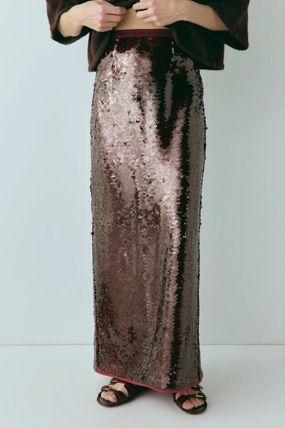 Devyn Sequin Midi Skirt Wine sold by Verge Girl