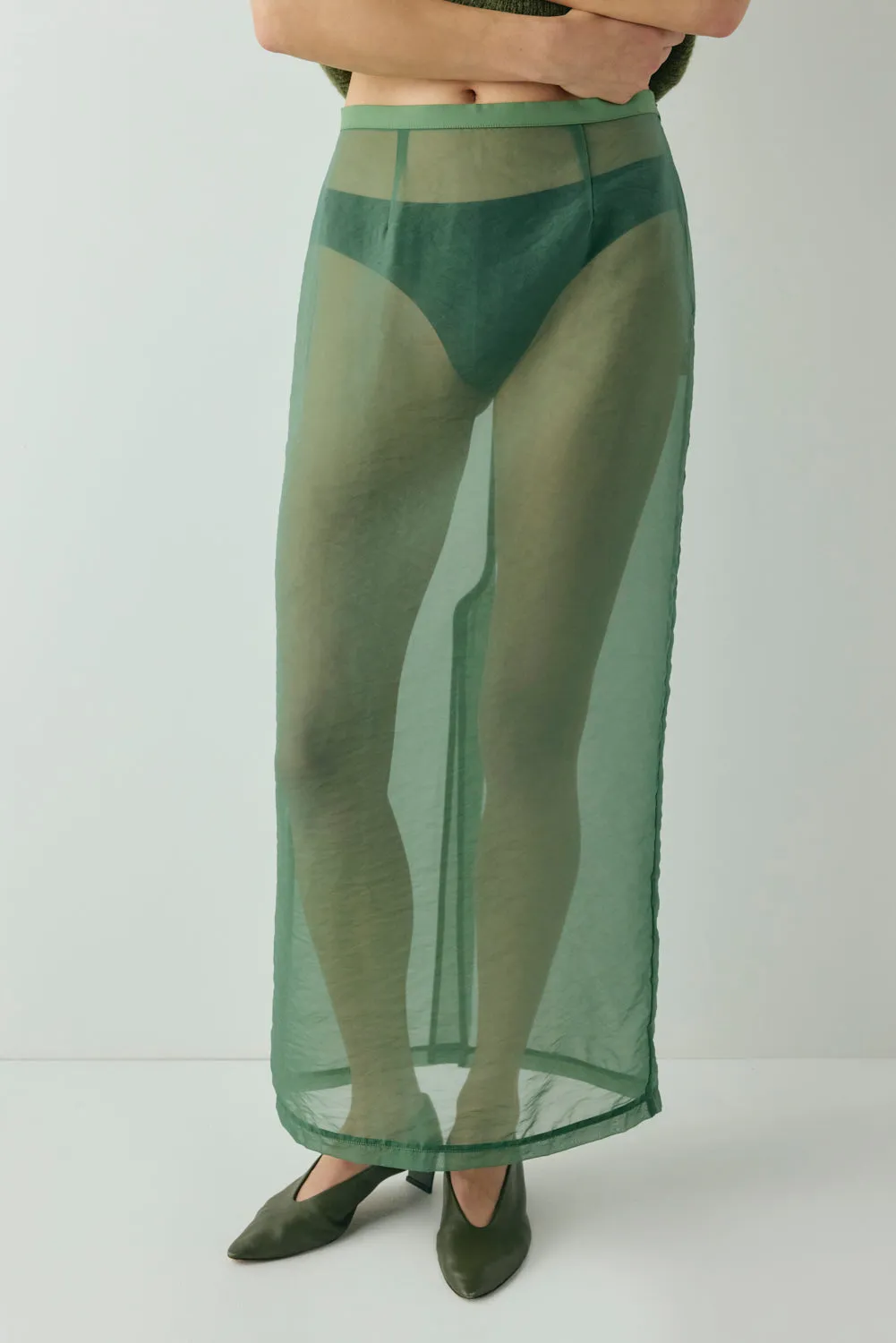 Devyn Sheer Midi Skirt Olive sold by Verge Girl